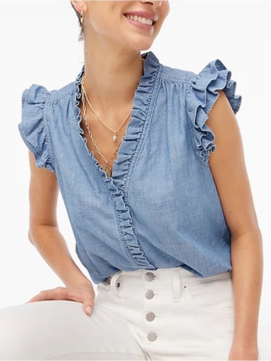 J. Crew Tops - J. Crew Denim Chambray Ruffle Sleeve Top